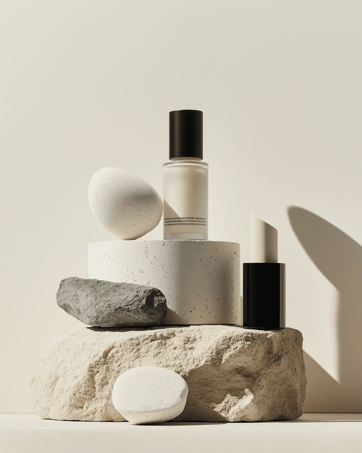 Brightline product photography with bottles on stone pedestals